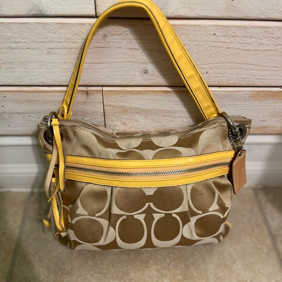 Coach Poppy Khaki Signature Sunflower Yellow Leather Crossbody Purse - Picture 6 of 10
